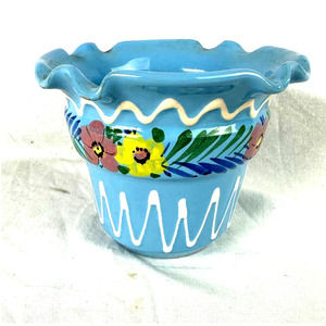 Vintage E&R Italian Pottery Planter Sky Blue Floral Ruffled Edge Flower Pot
